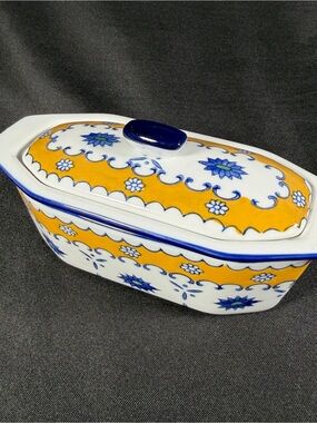 Butter Boat, Yellow and Blue Floral Porcelain Covered Serving Dish